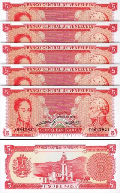 Venezuela 5 Bolivares 1989, UNC-, 5 Pcs LOT, 7 Digit Serial, P-70a