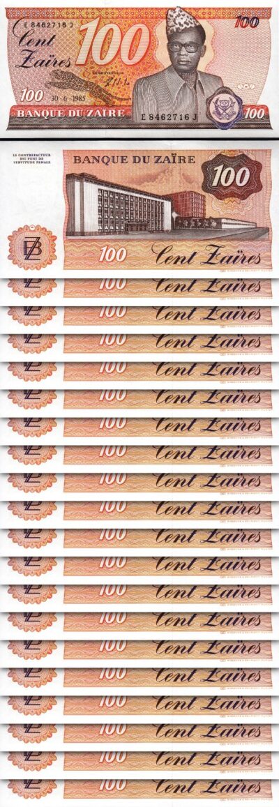 Zaire 100 Zaires 1985, UNC, 20 Pcs LOT, P-29b