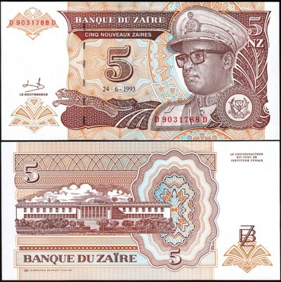 Zaire 5 Nouveaux Zaires 1993, UNC, P-53a, Large