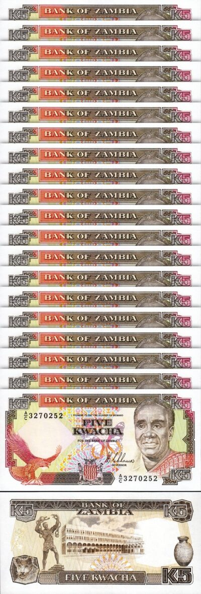 Zambia 5 Kwacha 1989, UNC, 20 Pcs LOT, Consecutive, P-30, Sign 8