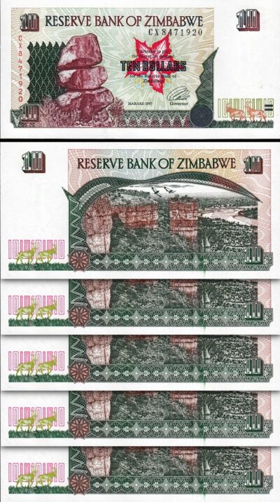 Zimbabwe 10 Dollars 1997, UNC, 5 Pcs LOT, Consecutive, P-6