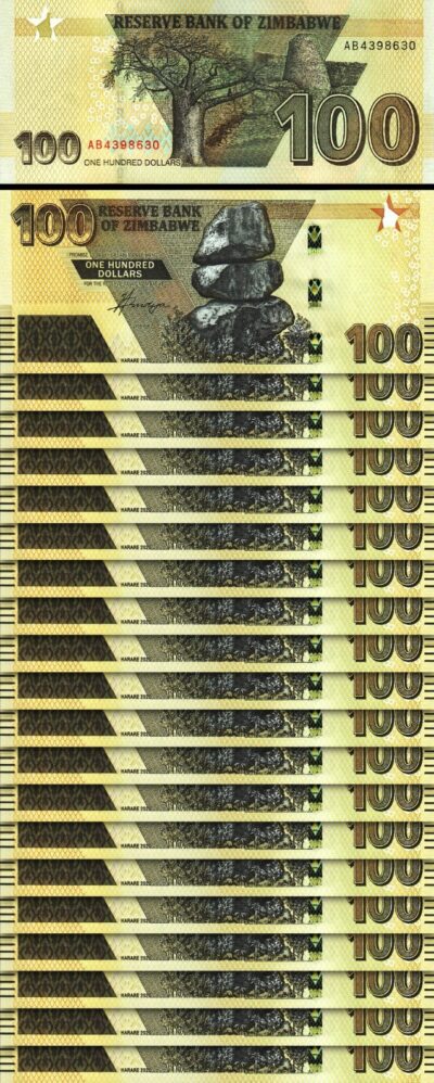 Zimbabwe 100 Dollars 2020 (2022), UNC, 20 Pcs LOT, P-New Design, AB