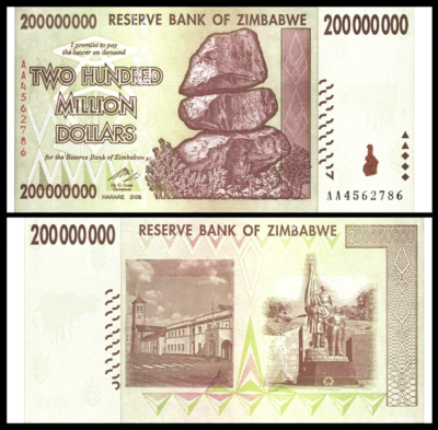 Zimbabwe 200000000 - 200,000,000 - 200 Million Dollars 2008, UNC, P-81