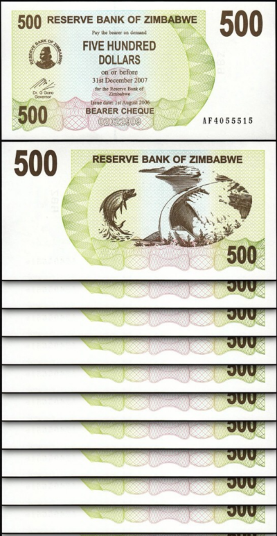 Zimbabwe 500 Dollars 2006, UNC, 10 Pcs LOT, Consecutive, P-43, Bearer Cheque