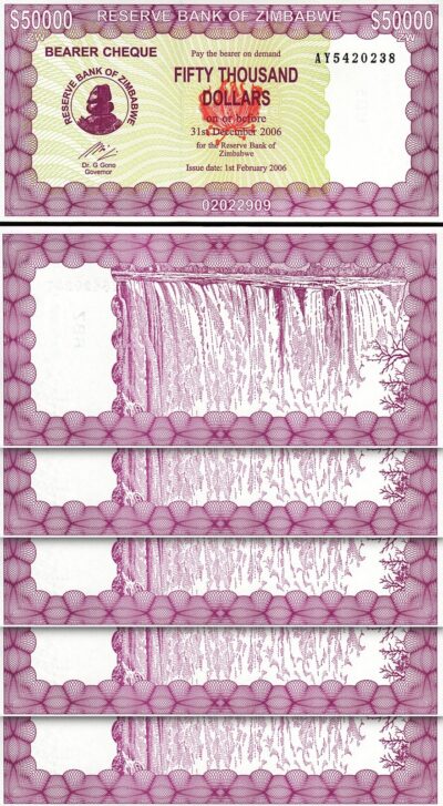 Zimbabwe 50000 50,000 Dollars 2006, UNC, 5 Pcs LOT, P-30, Bearer Cheque