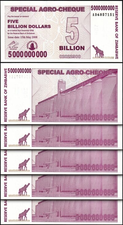 Zimbabwe 5,000,000,000 5 Billion Dollars 2008, UNC, 5 Pcs LOT, P-61, Agro Cheque