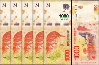 Argentina 1000 Pesos 2017 2023, UNC, 5 Pcs LOT, Consecutive, Suffix PA, P-366
