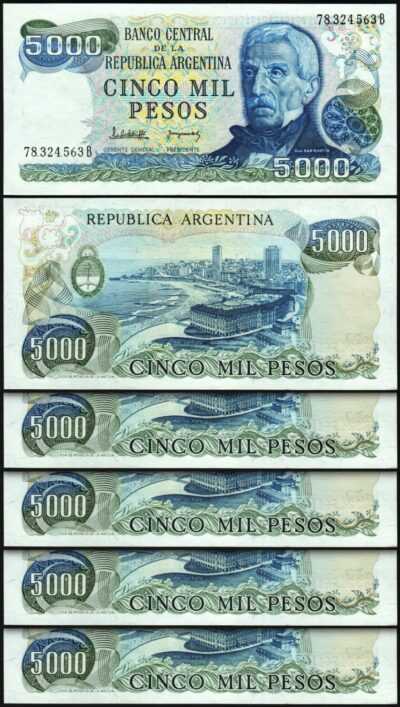Argentina 5000 5,000 Pesos, 1977 - 1983, UNC, 5 Pcs LOT, Consecutive, P-305b(2)