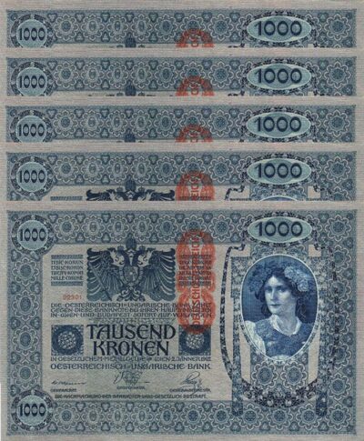 Austria Hungary 1000 Kronen 1902, XF+,  5 PCS LOT, P-59, Large Size, Little Pale