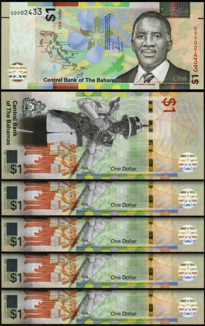UNC A prefix P-NEW New design Bahamas 1 Dollar 2017 Lot 5 PCS 