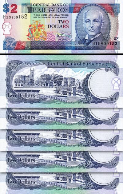 Barbados 2 Dollars, 1998, UNC, 5 Pcs LOT, P-54a