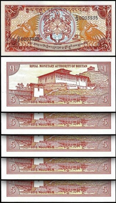 BHUTAN 5 NGULTRUM 1985 1990 UNC DRAGON DZONG P 14B SIGN 3 C/4 LOW SERIAL 000**** 