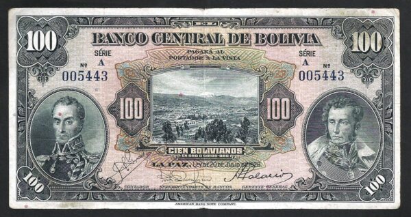 Bolivia 100 Boliviano 1928, VF+, P-125a