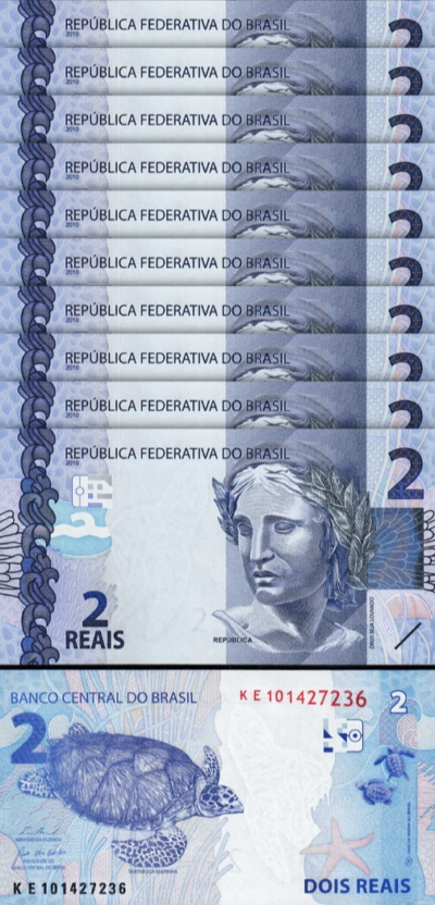 Brazil 2 Reais 2010 (2023), UNC, 10 Pcs LOT, Consecutive, Prfx KE,P-252 New Sign