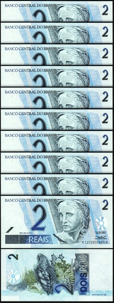 Brazil 2 Reais ND 2001 UNC, 10 Pcs LOT, Consecutive, A********A, P-249a, Sign 39