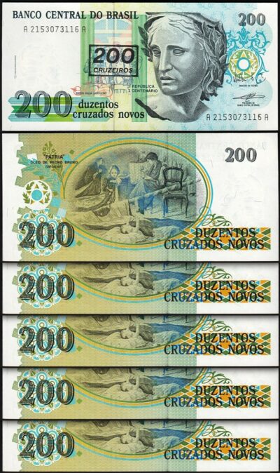 Brazil 200 Cruzeiros 200 Cruzados Novos 1990, UNC, 5 PCS LOT, P-225b