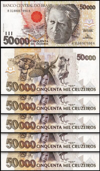 Brazil 50000 Cruzeiros 1992, UNC, 5 Pcs LOT, P-234