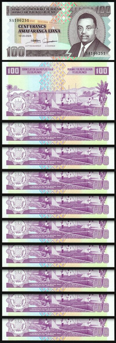 Burundi 100 Francs 2024, UNC, 10 Pcs LOT, P-44c