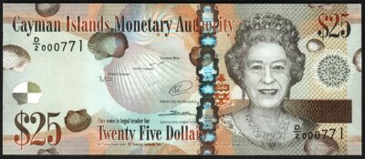 Cayman Islands 25 Dollars 2014, UNC, LOW Serial Prefix D/2 000771, QEII, P-41b