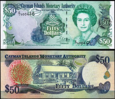 Cayman Islands 50 Dollars 2001, UNC, QEII, Prefix C/I LOW 000***, P-29