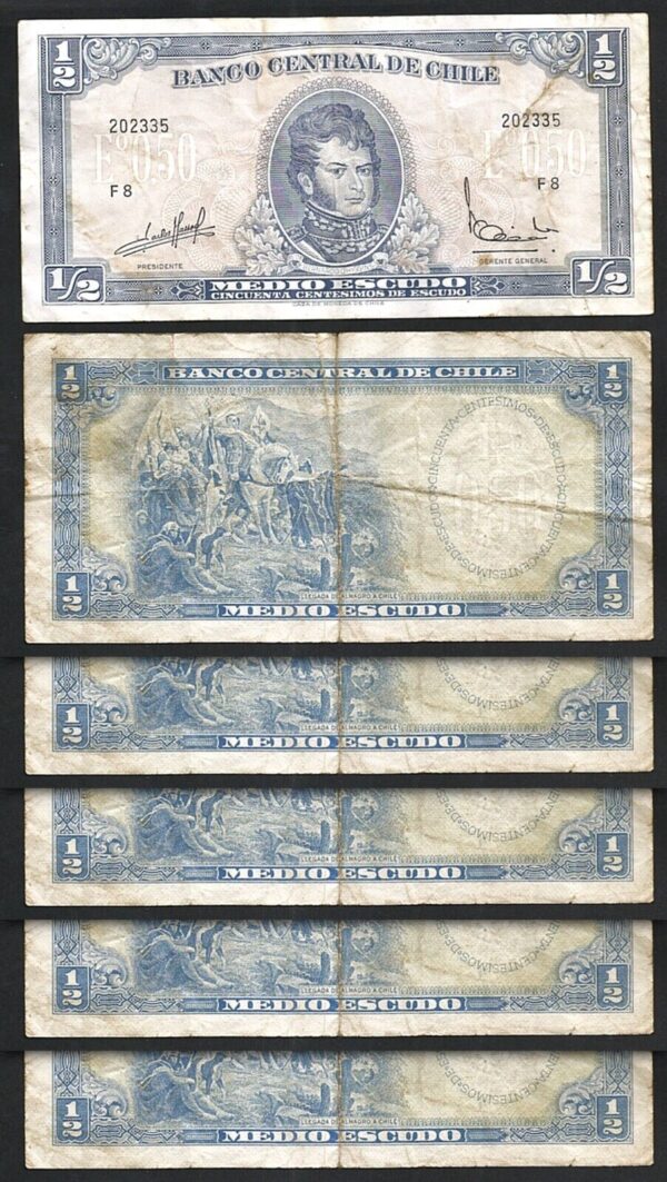 Chile 1/2 Escudo 1962 1975, aVF, 5 PCS Lot, P-134Aa, Circulated, Sign Type 2