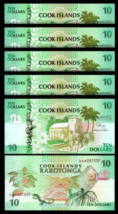 Cook Islands 10 Dollars 1992, UNC, 5 Pcs Consecutive LOT, Prefix AAA, P-8