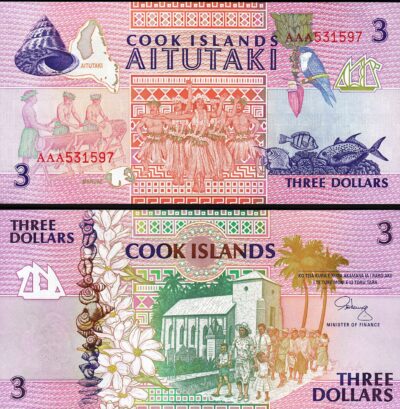 Cook Islands 3 Dollars 1992, AU-UNC, Prefix AAA, P-7a