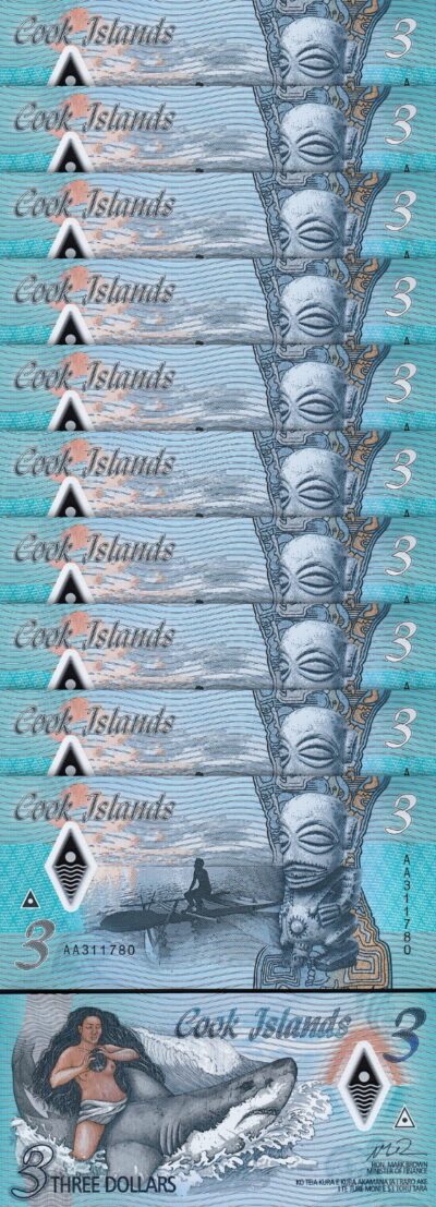 Cook Islands 3 Dollars 2021, UNC, 10 Pcs LOT, Polymer, P-11a, Prefx AA