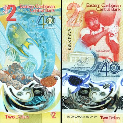 East Caribbean 2 Dollars 2023 - 2024, UNC, Prefix AA, POLYMER, Comm.P-New Design