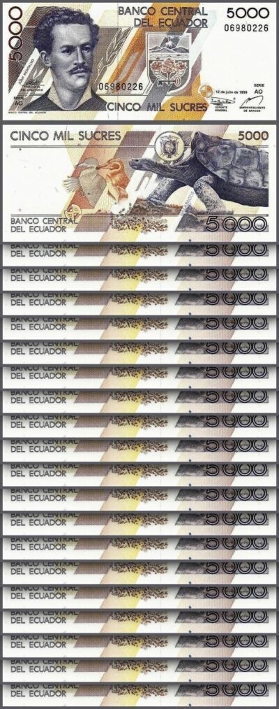 Ecuador 5000 Sucres 1999, aUNC/UNC, 20 Pcs LOT, Consecutive, P-128, Prefix AO
