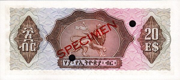 Ethiopia 20 Dollars 1961, UNC, SPECIMEN, D/I 000000, P-21s, RARE!! - Image 3