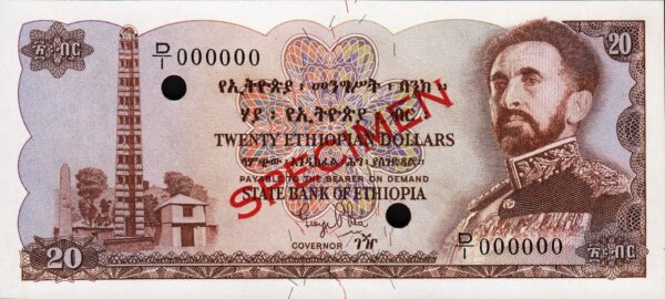 Ethiopia 20 Dollars 1961, UNC, SPECIMEN, D/I 000000, P-21s, RARE!!