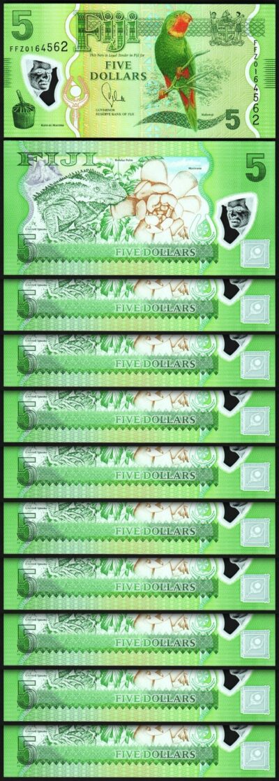Fiji 5 Dollars 2013, UNC, 10 Pcs LOT, Consecutive, POLYMER, P-115a