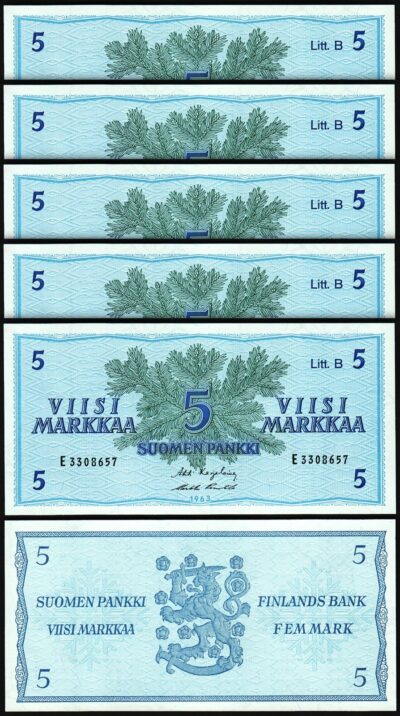 Finland 5 Markkaa 1963, UNC, 5 Pcs LOT, Consecutive, Litt B, P-106Aa