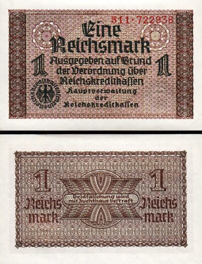 Germany 1 Reichsmark 1940 - 1945, AU, P-R136, Swastika, Completely Watermark