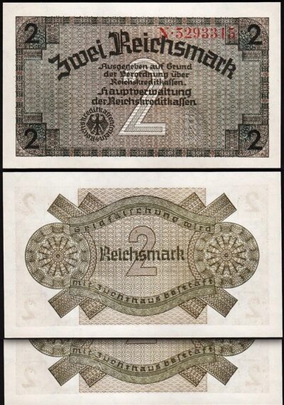 Germany 2 Reichsmark 1940 1945, UNC, 2 Pcs Consecutive Pair , P-R137a, Watermark