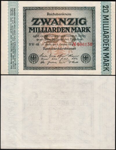 Germany 20 Milliarden (Billion) 20.000.000.000 Mark 1923, aAU , P-118, Watermark