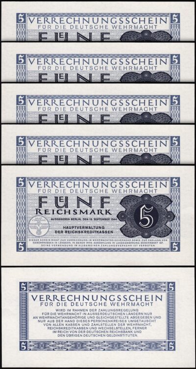 Germany 5 Reichsmark 1944, UNC, 5 Pcs LOT, P-M39, Completely Watermark