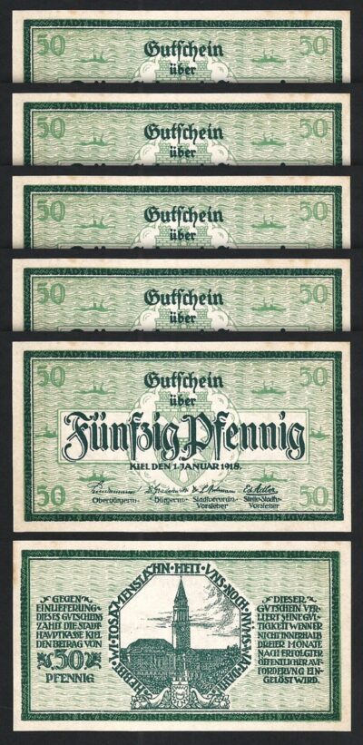 Germany, Kiel 50 Pfennig 1918, aUNC, 5 Pcs LOT, with little pale