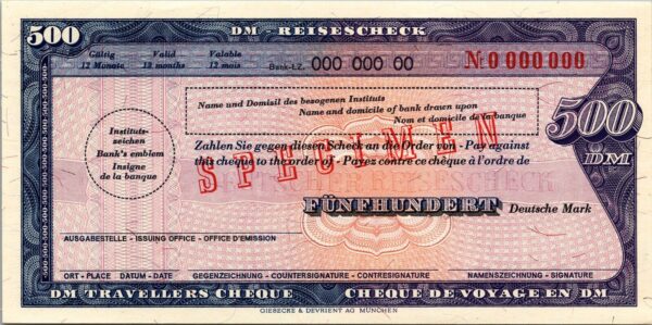 Germany SPECIMEN, Travellers Cheque , 500 Marks, UNC, With Watermark