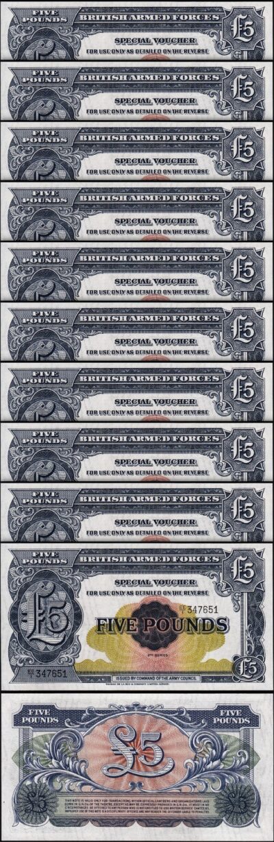 Great Britain, United Kingdom Armed Force 5 Pounds 1948, UNC, 10 Pcs LOT, P-M23