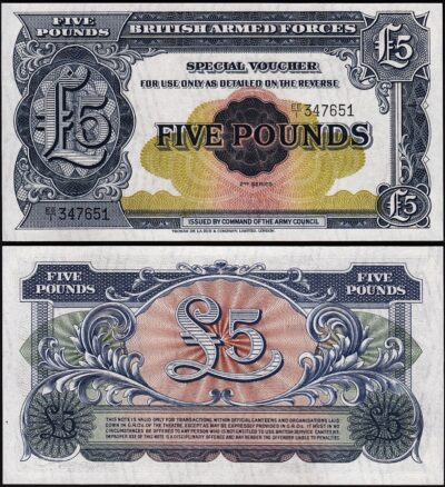 Great Britain, United Kingdom Armed Force 5 Pounds 1948, UNC, P-M23, Watermark