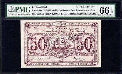 Greenland 50 Kroner 1953 1967, Specimen , PMG 66 GEM UNC , EPQ, P-20S