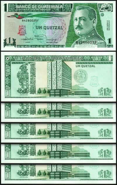 Guatemala 1 Quetzal 1992, UNC, 5 Pcs LOT, Consecutive, P-73c