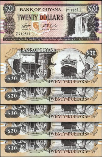 Guyana 20 Dollars 2018 ½ BUNDLE Pack 50 Pcs Consecutive UNC P-NEW SIGNATURE 