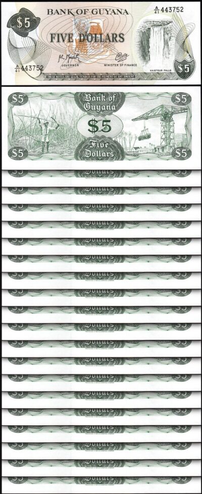 Guyana 5 Dollars, 1992,  UNC, 20 PCS LOT, P-22f Sign 9