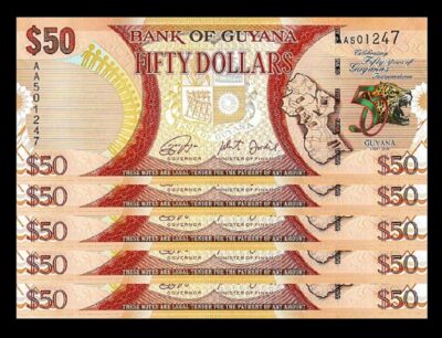 Guyana 50 Dollars 2016, aUNC / UNC, 5 PCS LOT, P-41, Commemorative Banknote