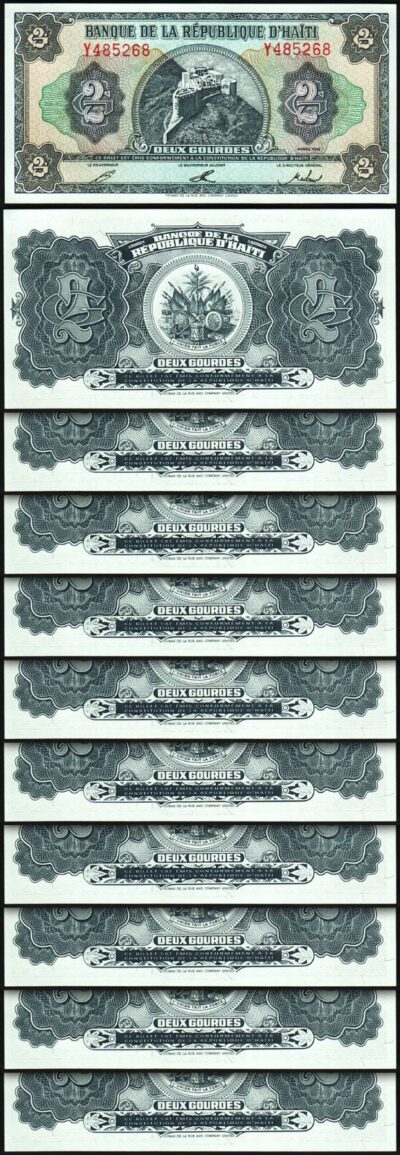Haiti 2 Gourdes 1992, UNC, 10 Pcs LOT, Consecutive, P-260a, Prefix Y