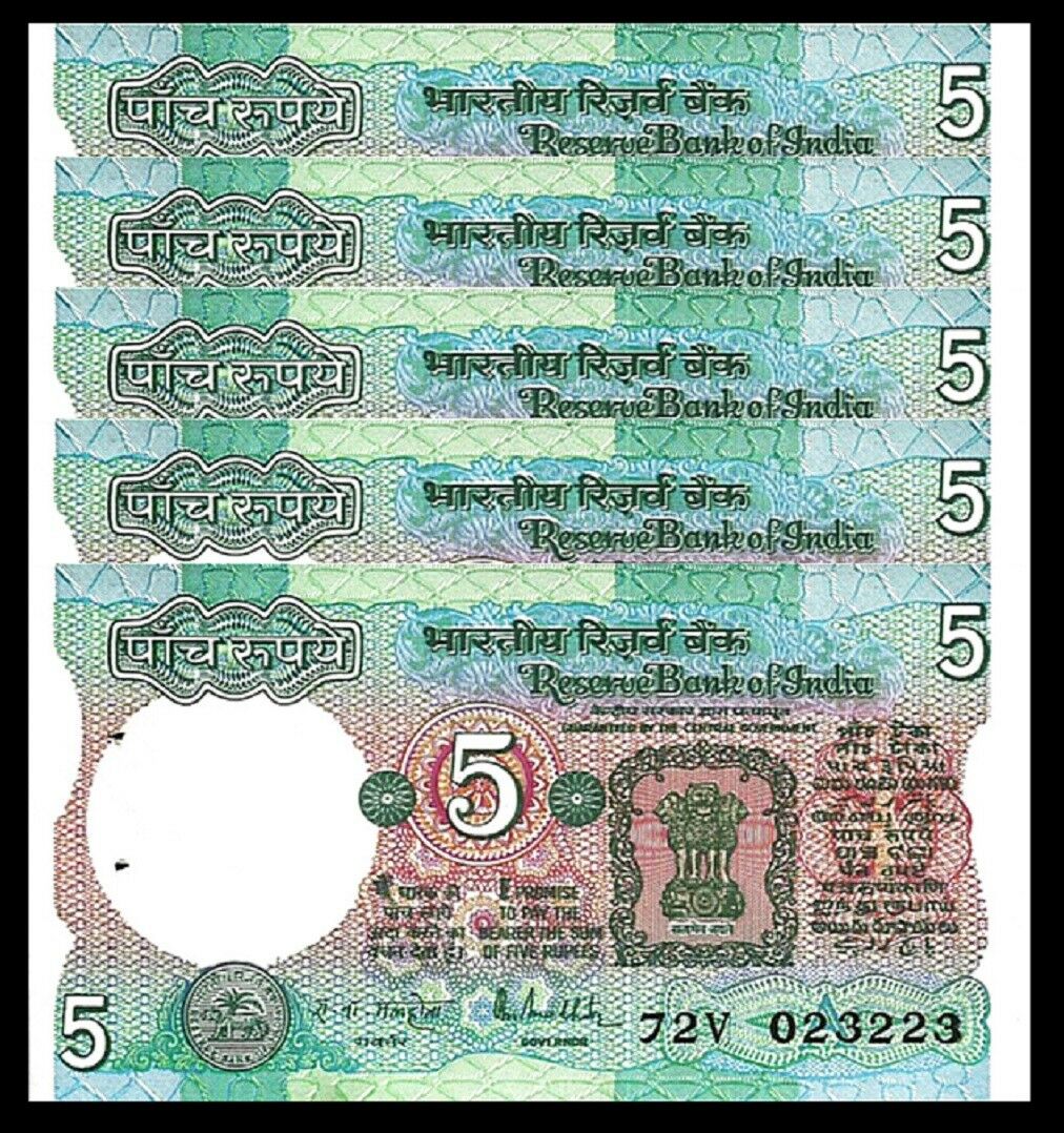 India 5 Rupees 1975 Unc 5 Pcs Consecutive Lot P 80p Malhotra Letter A Fortumor 2606