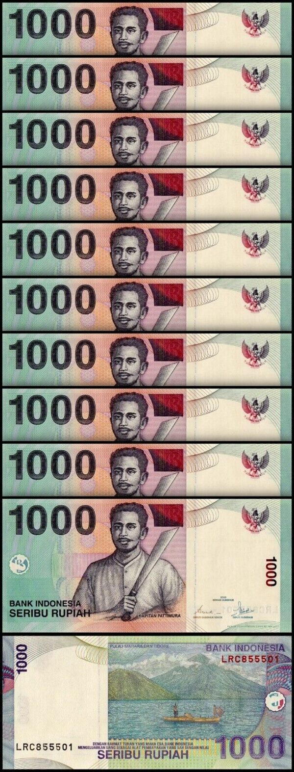 Indonesia 1000 Rupiah 2000 2007, UNC, 10 Pcs LOT, P-141h